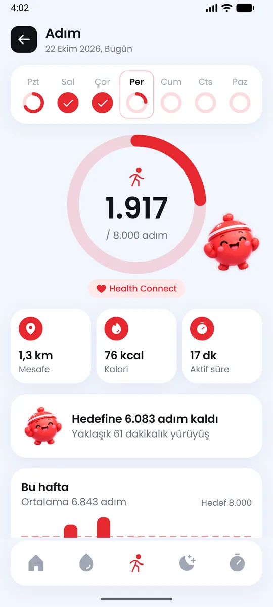 Adım ekranı: 1.917 / 8.000 adım halkası, mesafe ve haftalık grafik