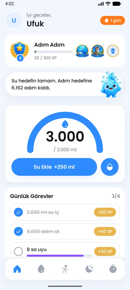 Huppi ana sayfası: seviye kartı, günün su göstergesi ve günlük görevler