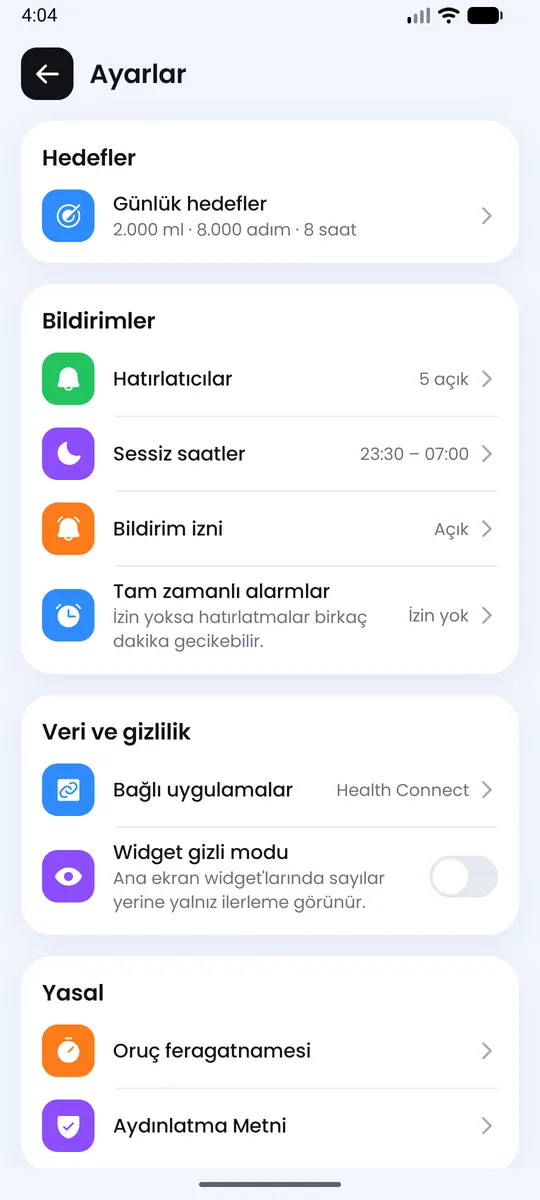 Ayarlar ekranı: bildirimler, bağlı uygulamalar, widget gizli modu ve Aydınlatma Metni