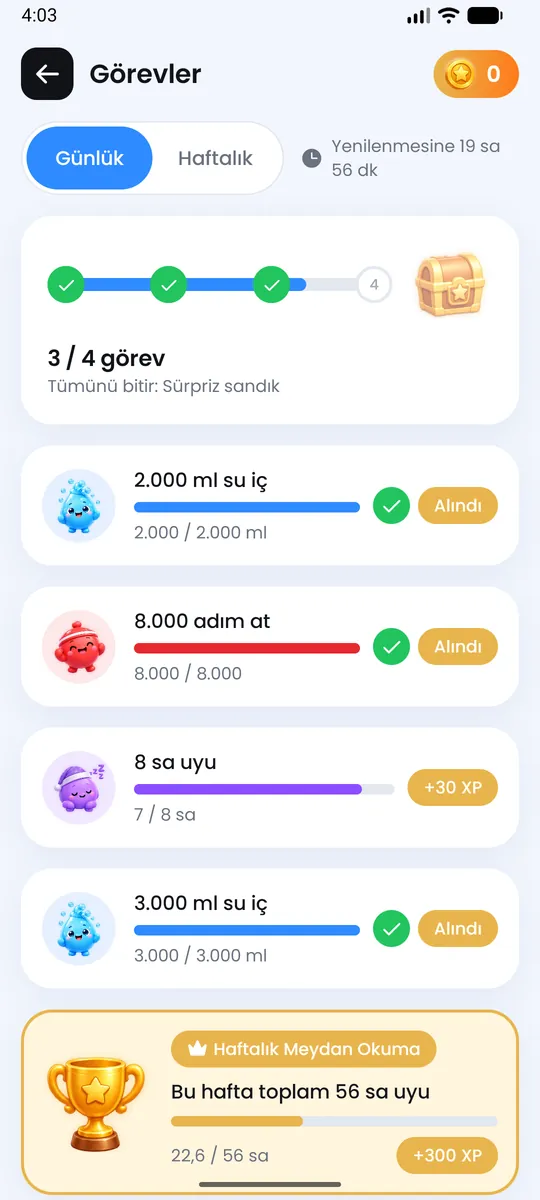 Görevler ekranı: günlük dört görev ve haftalık meydan okuma