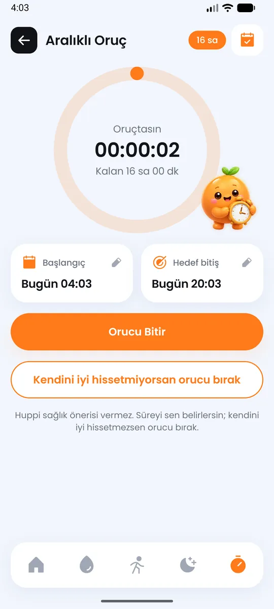 Oruç sayacı ekranı: 16 saatlik hedef, geçen süre ve Orucu Bitir düğmesi