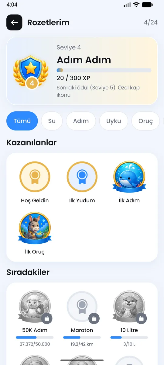 Rozetlerim ekranı: kazanılan ve sıradaki rozetler