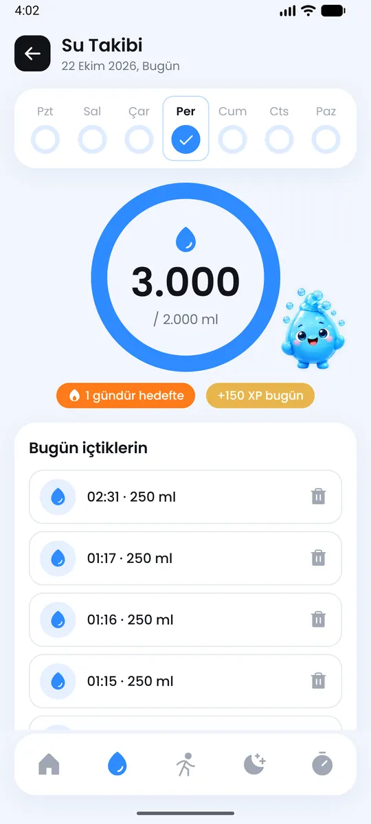 Su Takibi ekranı: 3.000 / 2.000 ml halkası ve bugün içilenler listesi
