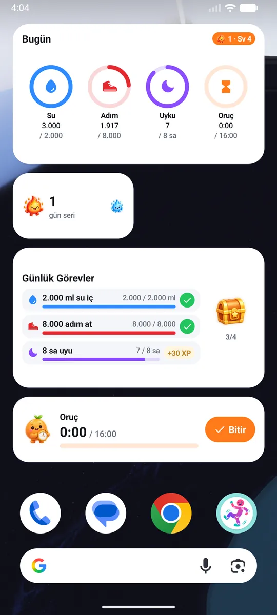 Ana ekranda Huppi widget'ları: Bugün özeti, seri, günlük görevler ve oruç sayacı